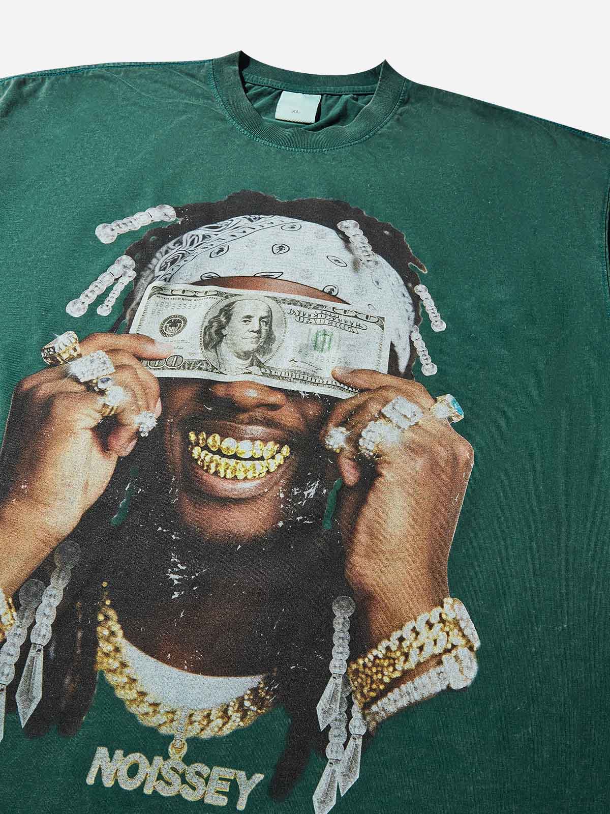 "Money Blinds the Eyes" Green Washed Print T-shirt - Image 4