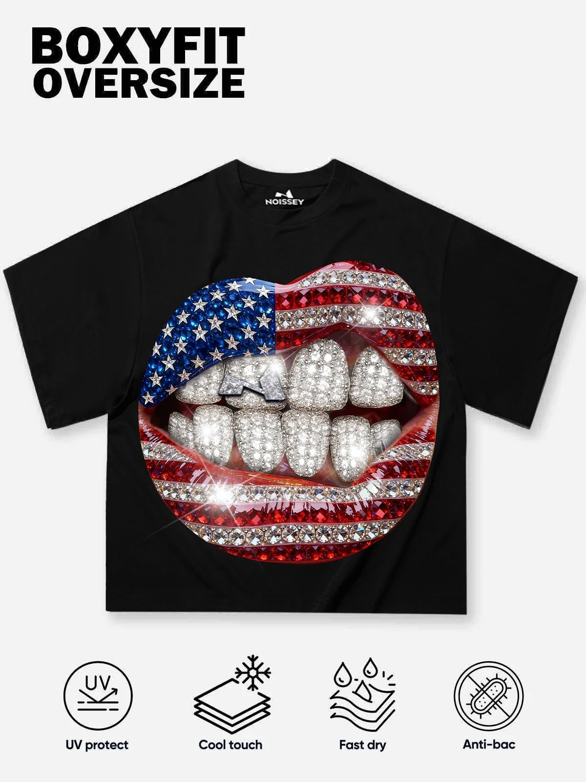 National Flag Rhinestone Art Grills Print Boxy Oversized T-shirt - Image 2