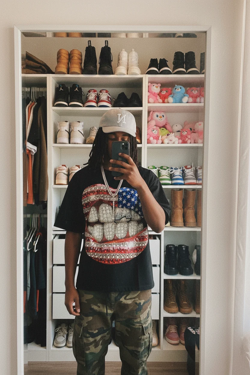 National Flag Rhinestone Art Grills Print Boxy Oversized T-shirt - Image 4