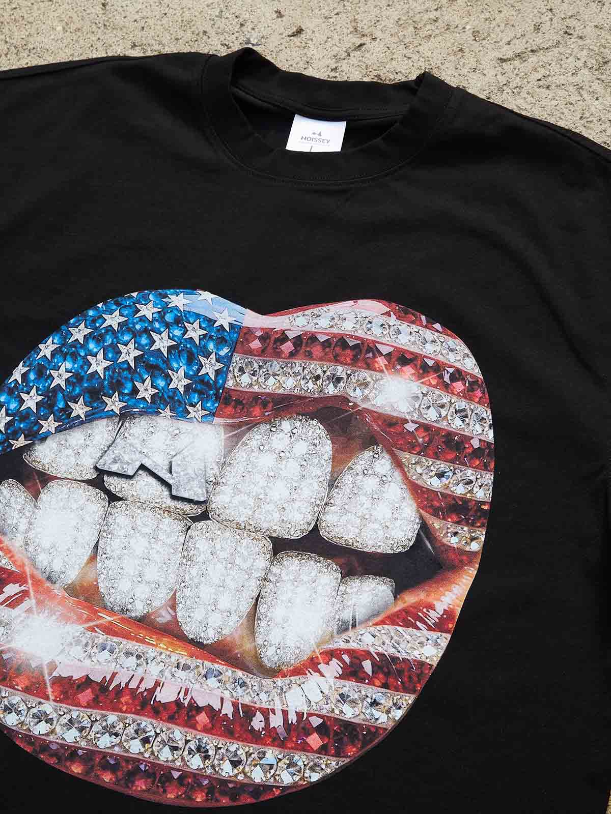 National Flag Rhinestone Art Grills Print Boxy Oversized T-shirt - Image 7