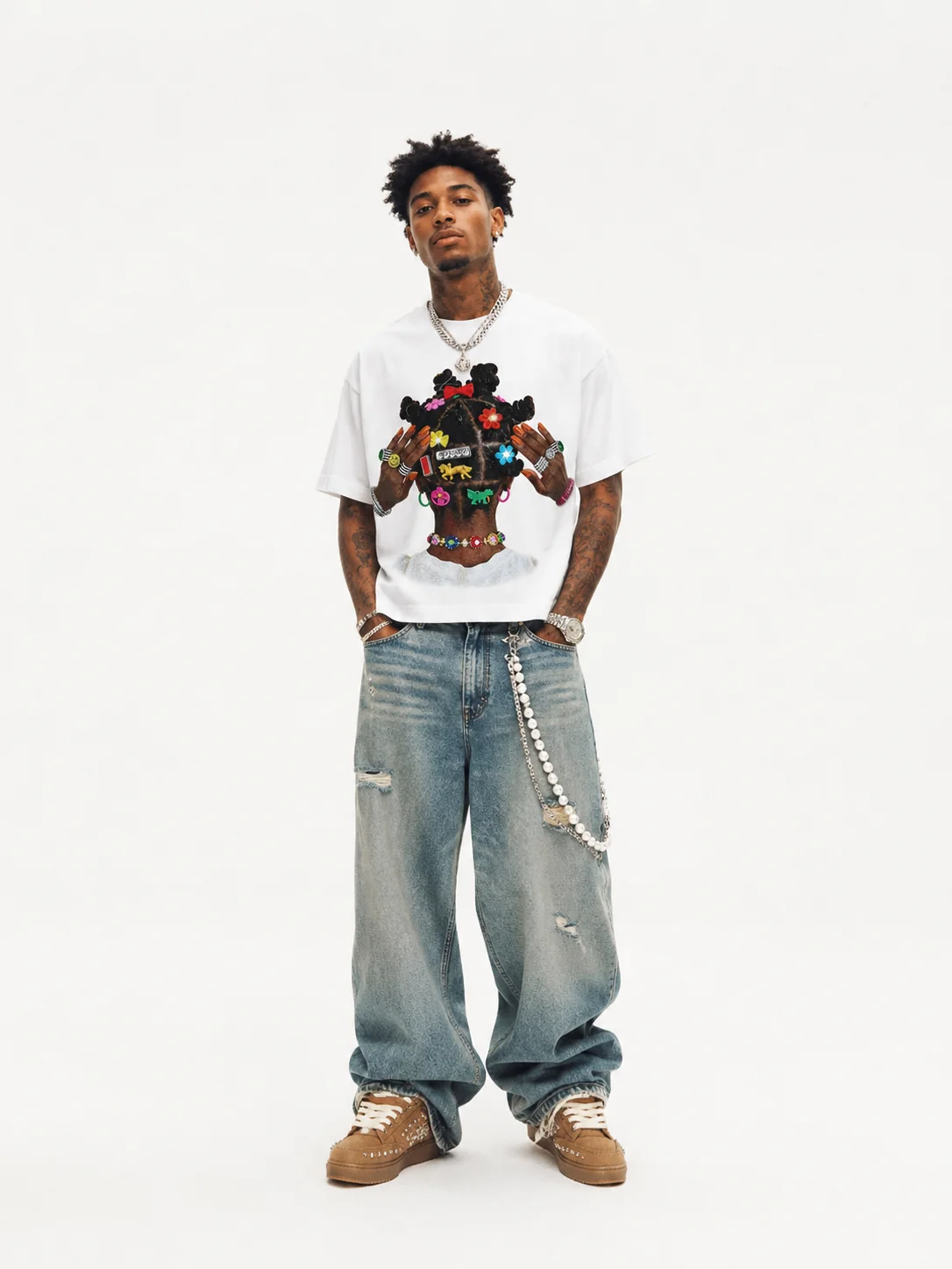 NOISSEY "American Braids" White Tee - Oversized Heavyweight Urban Graphic T-Shirt - Image 3
