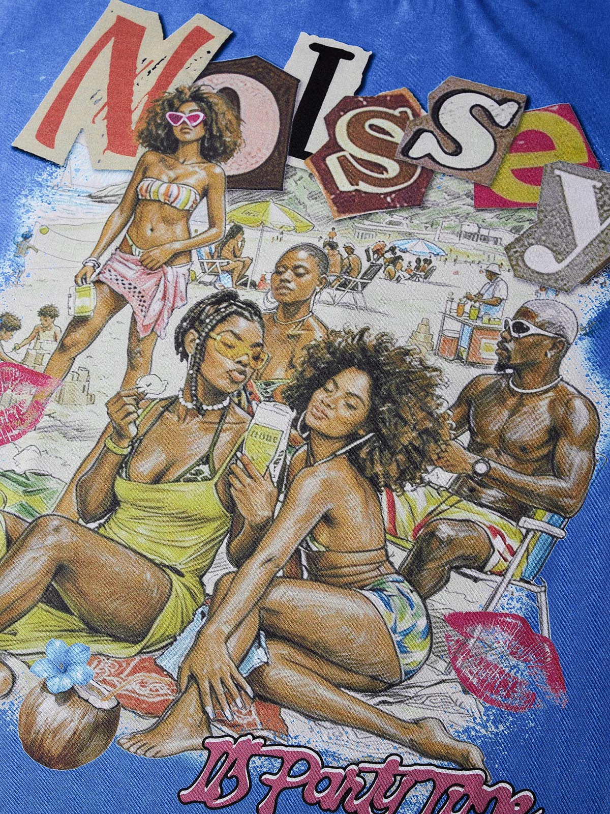 NOISSEY "BEACH PARTY" RETRO ILLUSTRATION WASHED BLUE OVERSIZED TEE - Image 2