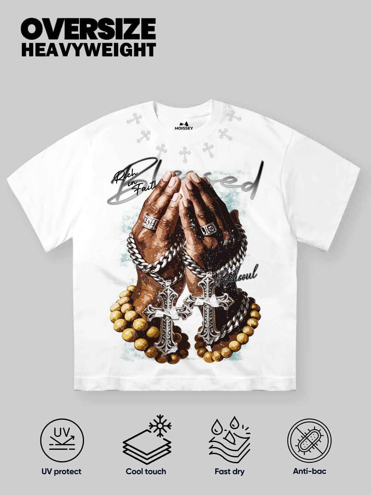 NOISSEY "Blessed Rich Soul" Praying Hands & Rosary Graphic DIY Rhinestone T-Shirt - Image 7