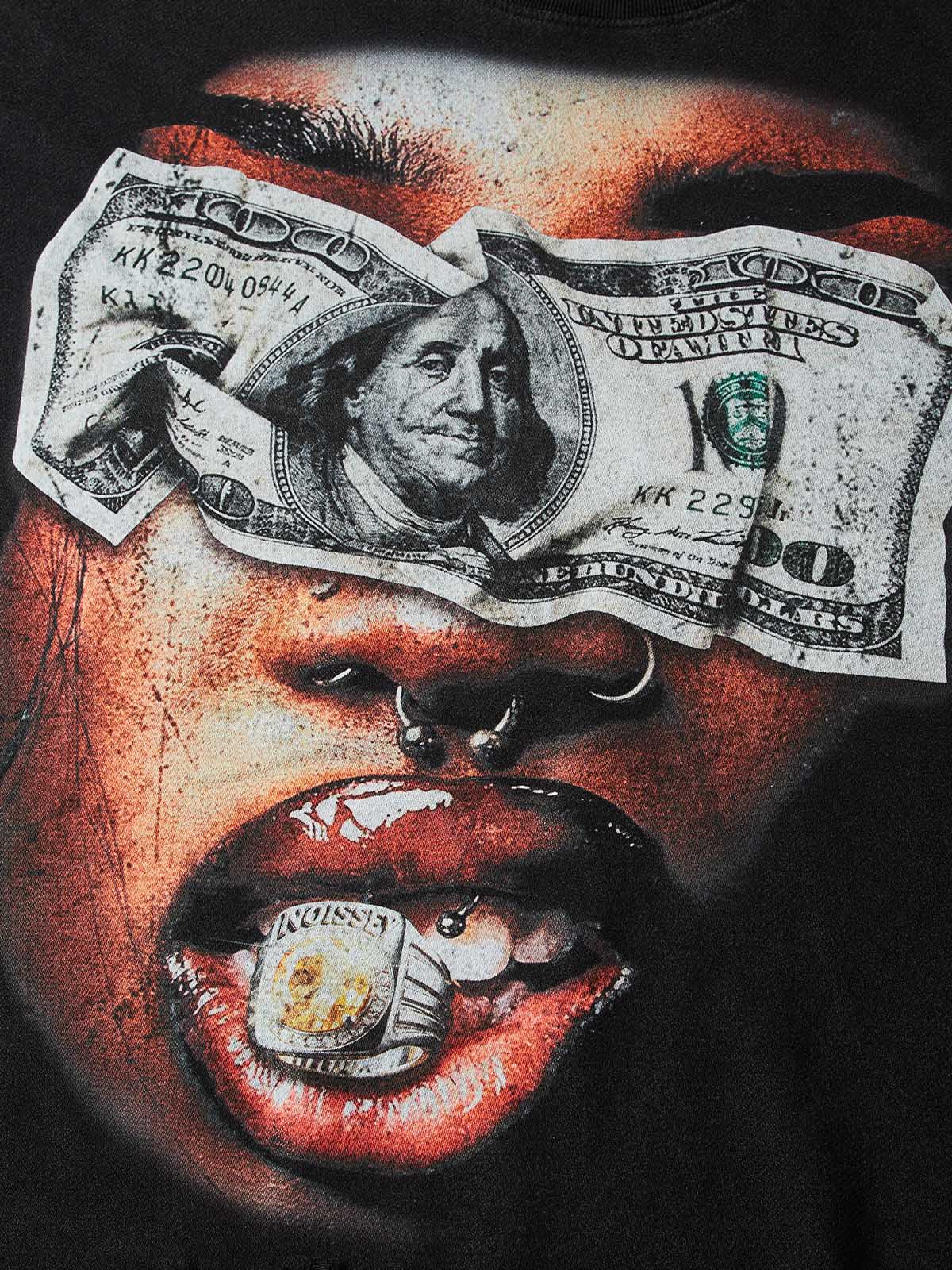 NOISSEY "Blind Wealth" Money Blindfold & Gold Grill Distressed T-Shirt - Washed Black - Image 2