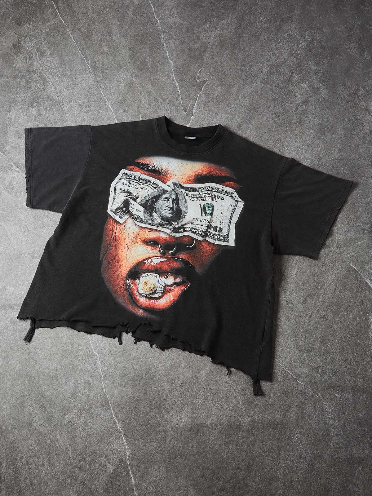NOISSEY "Blind Wealth" Money Blindfold & Gold Grill Distressed T-Shirt - Washed Black - Image 5