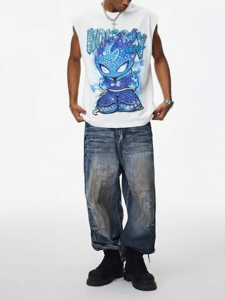 NOISSEY "Blue Ice Flame" Iced-Out Character Tank Top - Heavyweight White - Image 4