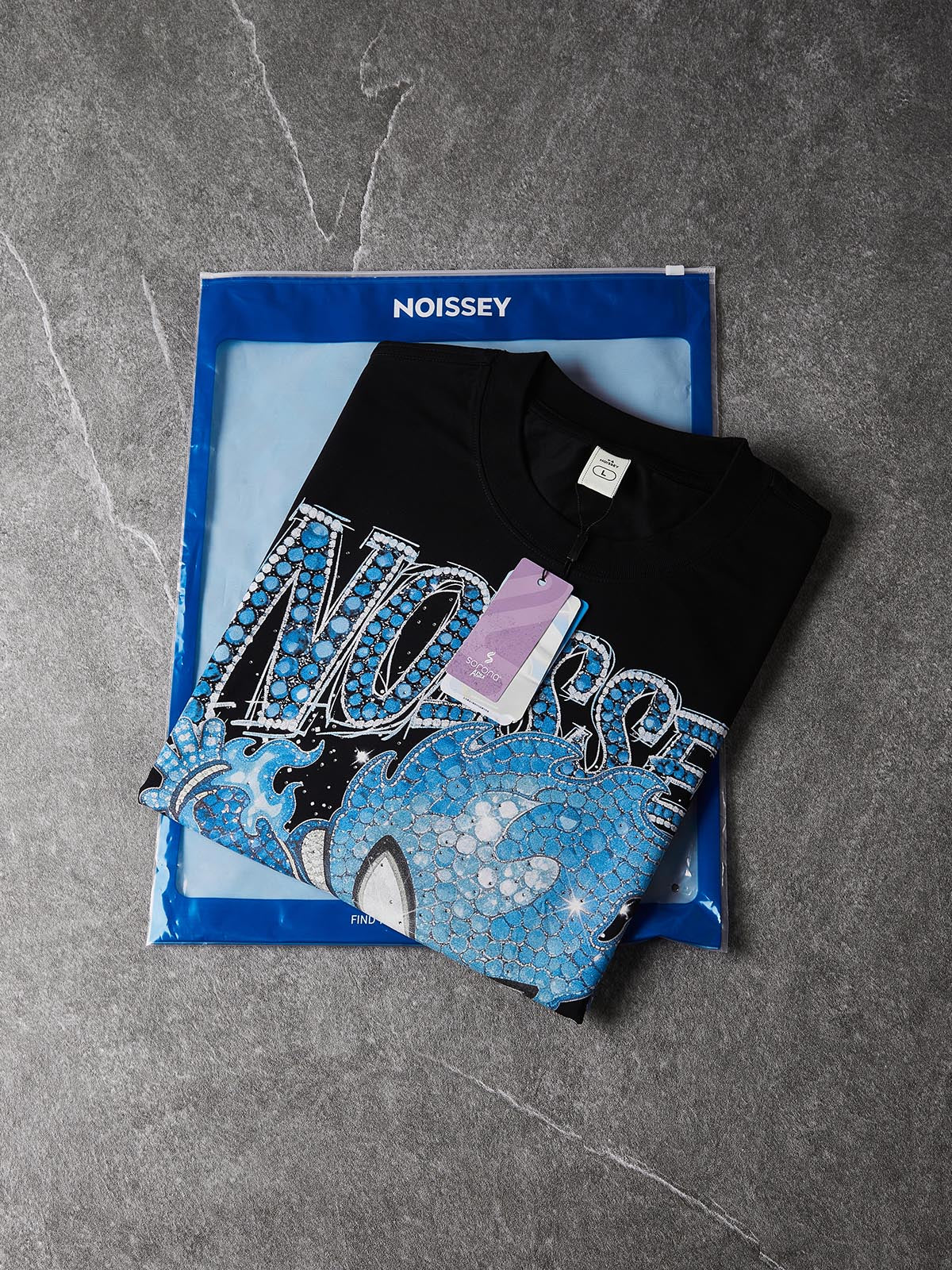 NOISSEY "Blue Ignite" Boxy Heavyweight Crystal Art Tee - Midnight Black - Image 8