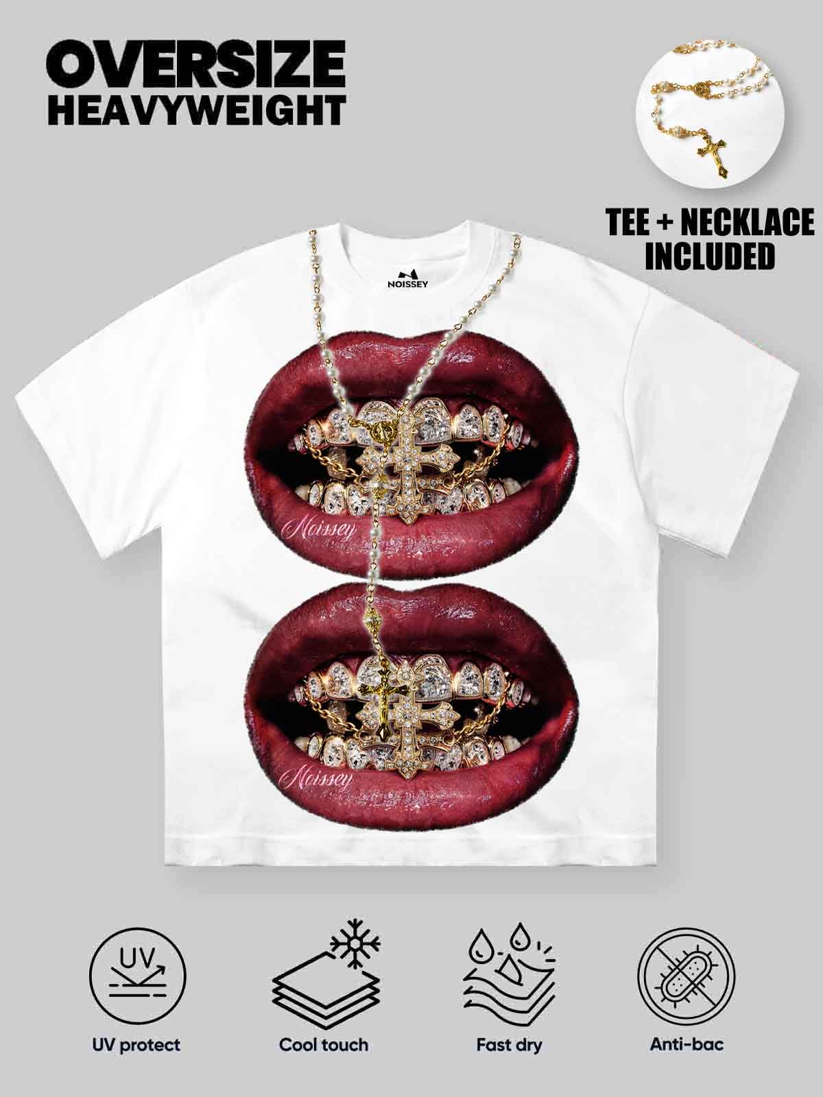 NOISSEY "Burgundy Lips" Golden Cross & Iced-Out Grillz Oversized Graphic Tee - Image 3