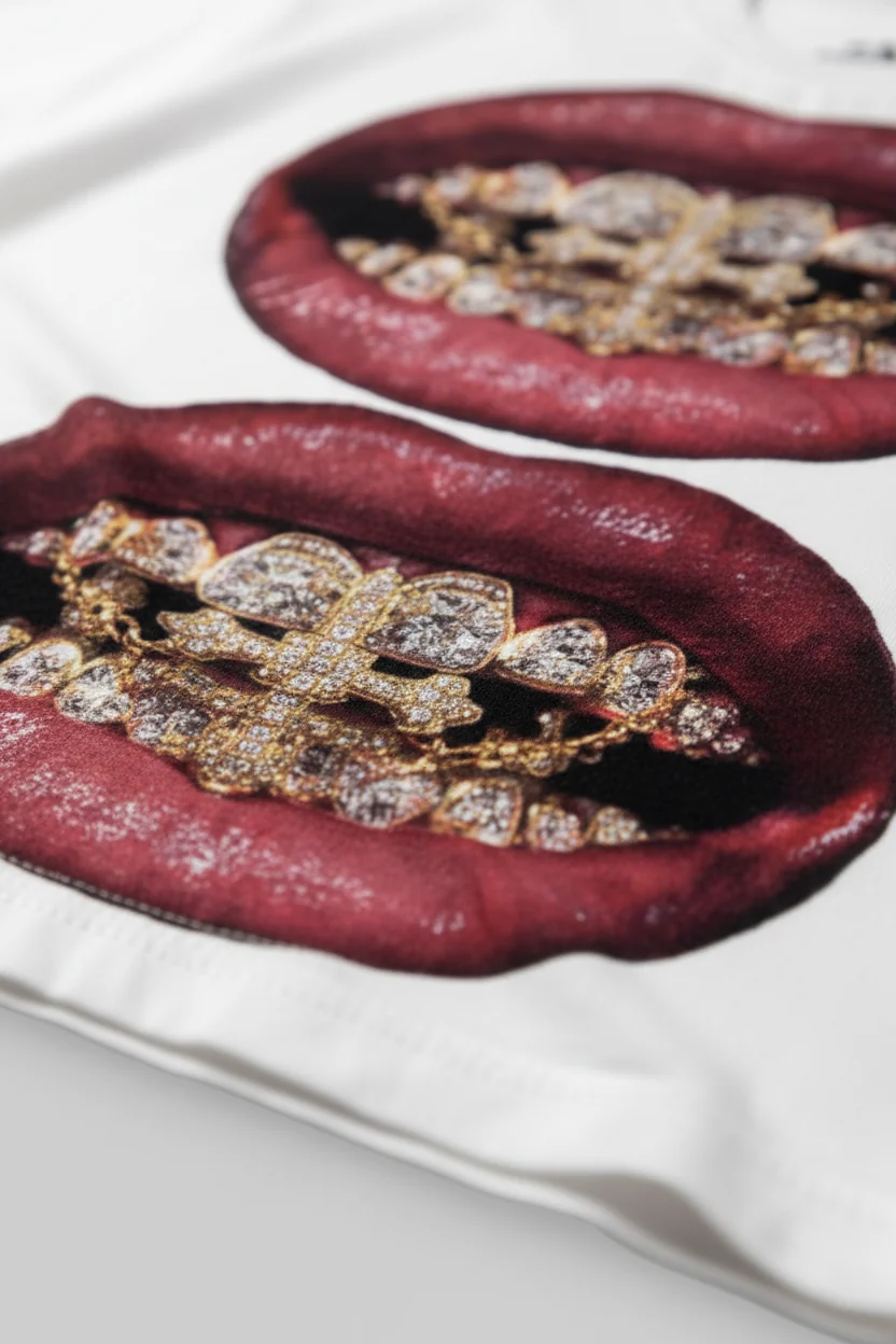 NOISSEY "Burgundy Lips" Golden Cross & Iced-Out Grillz Oversized Graphic Tee - Image 5