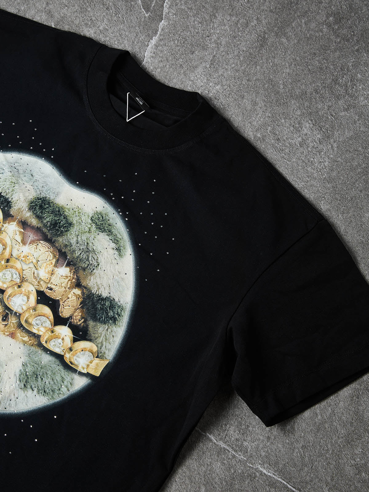 NOISSEY "Camo Grillz" Fuzzy Camo & Golden Cross Graphic Rhinestone T-Shirt - Image 3