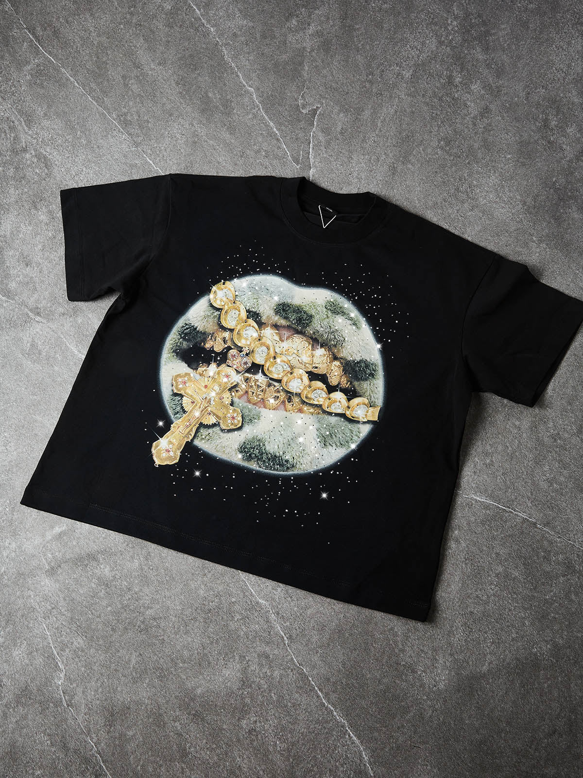 NOISSEY "Camo Grillz" Fuzzy Camo & Golden Cross Graphic Rhinestone T-Shirt - Image 6