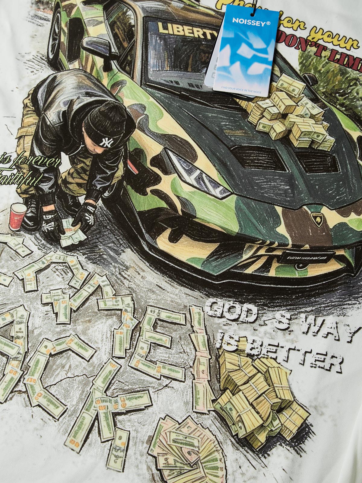 NOISSEY "Camo Supercar & Cash" Track Tee - Clean White Oversized Long Sleeve - Image 2