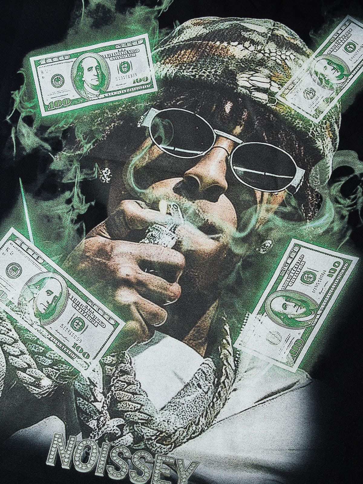 NOISSEY "Cash Smoke" Rapper Portrait & Money Mist Graphic Heavyweight T-Shirt - Image 3