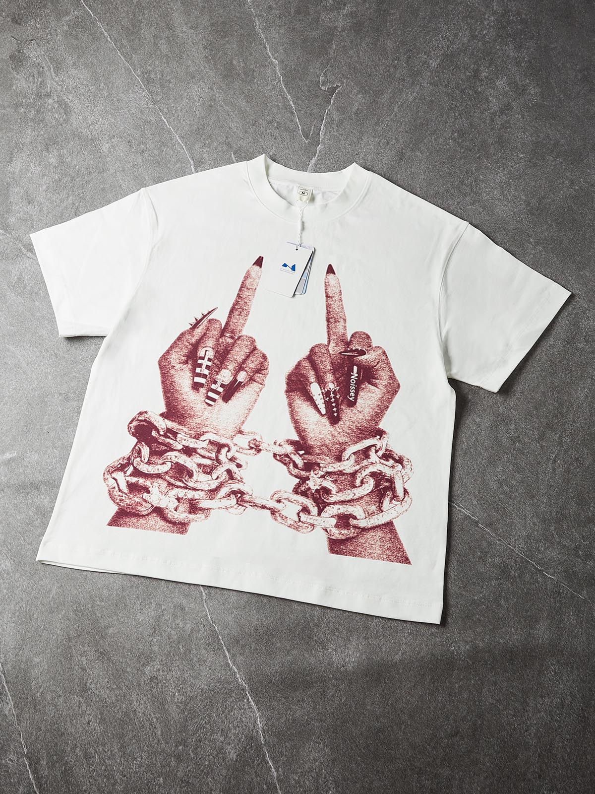 NOISSEY "Chained Rebellion" White Tee - Oversized Retro Red Graphic T-Shirt - Image 6