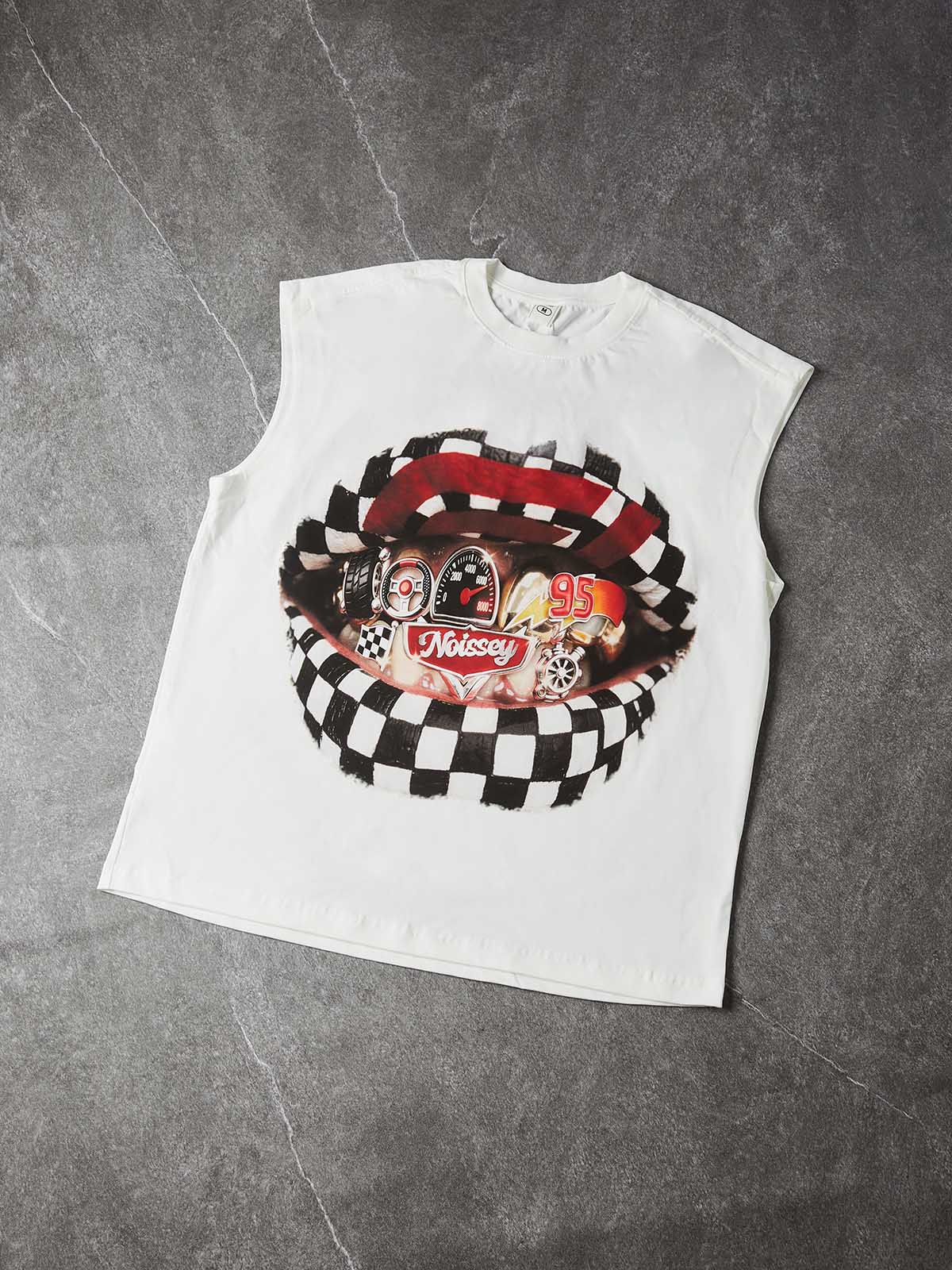 NOISSEY "Checkered Racing Lips" Heavyweight Tanktop - White Boxy Graphic Tank - Image 5