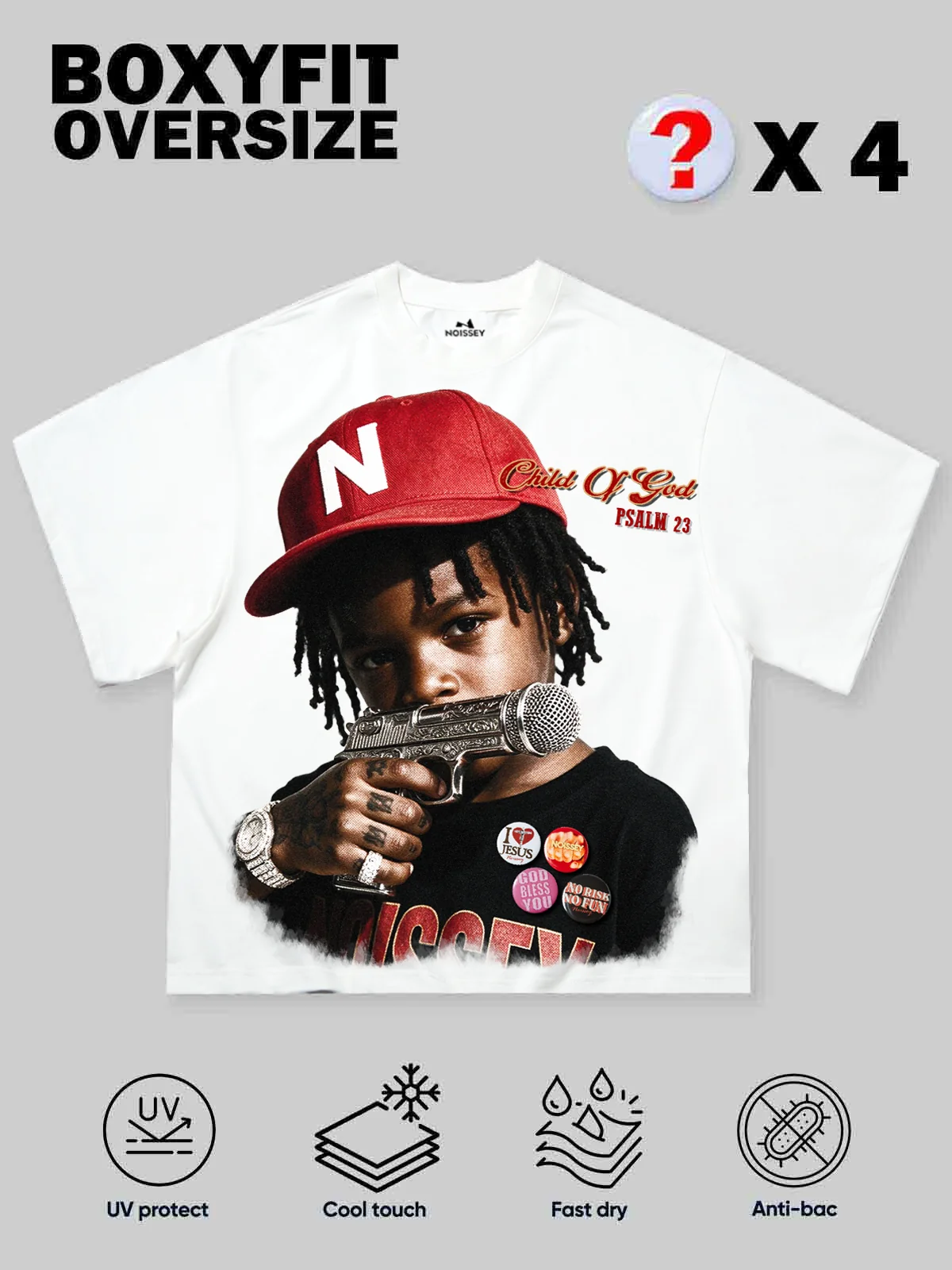 NOISSEY "Child Of God" Engraved Mic Pistol Graphic Boxy Oversized T-Shirt - Image 8