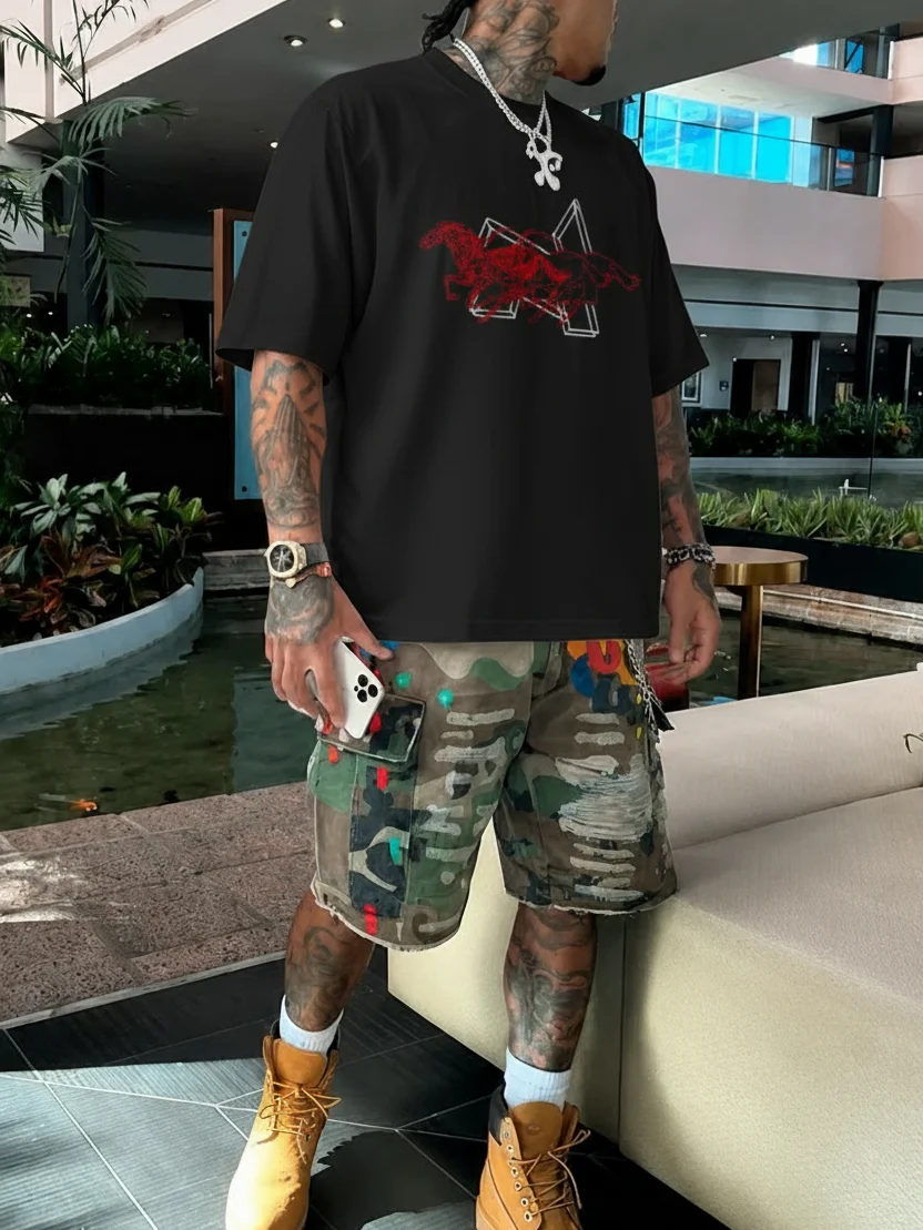 NOISSEY "Chrono Geometry" Overlapping Crimson Outlined Horse Geometric Oversized Tee - Image 4