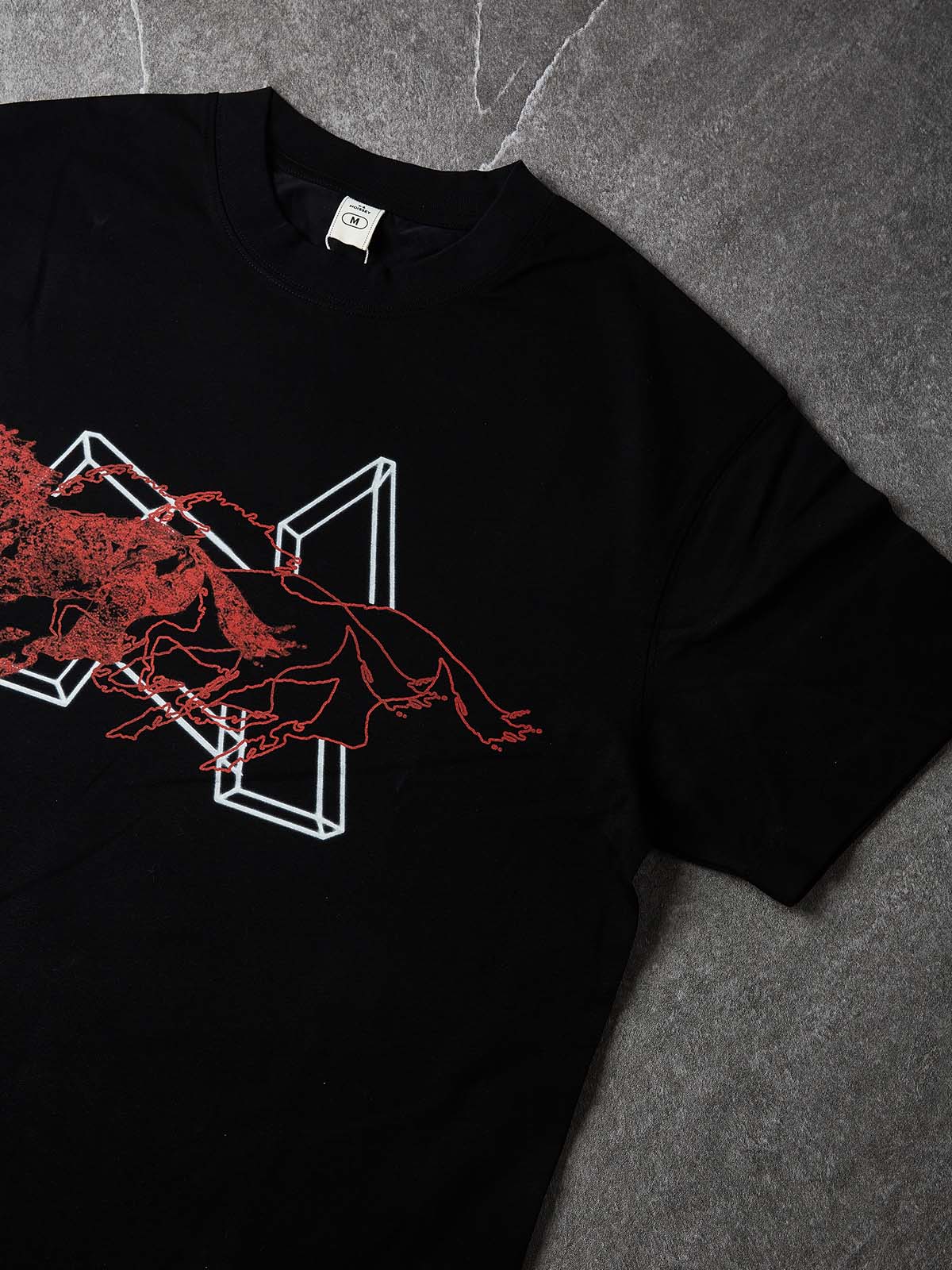 NOISSEY "Chrono Geometry" Overlapping Crimson Outlined Horse Geometric Oversized Tee - Image 5