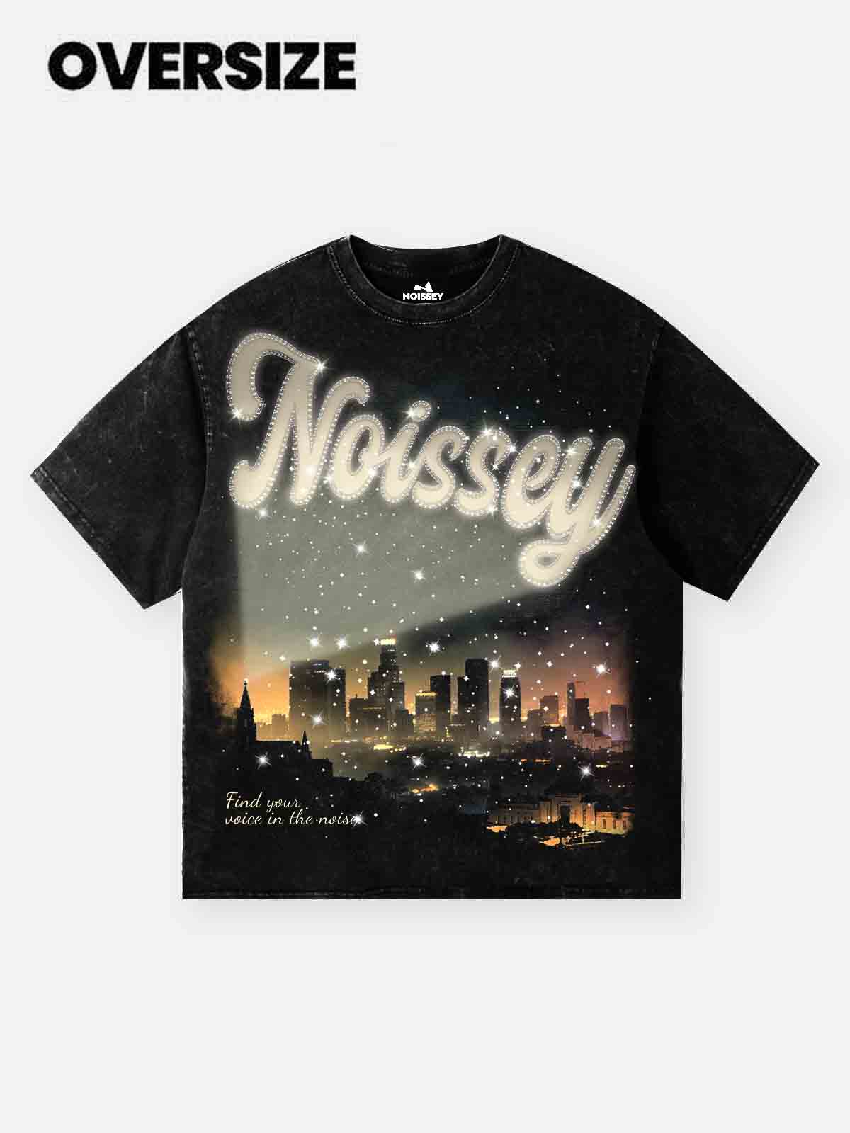 NOISSEY "City Lights" Boxy Vintage Wash Rhinestone Logo Tee - Washed Black - Image 11