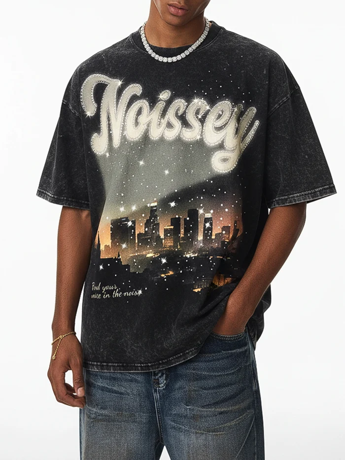 NOISSEY "City Lights" Boxy Vintage Wash Rhinestone Logo Tee - Washed Black - Image 3