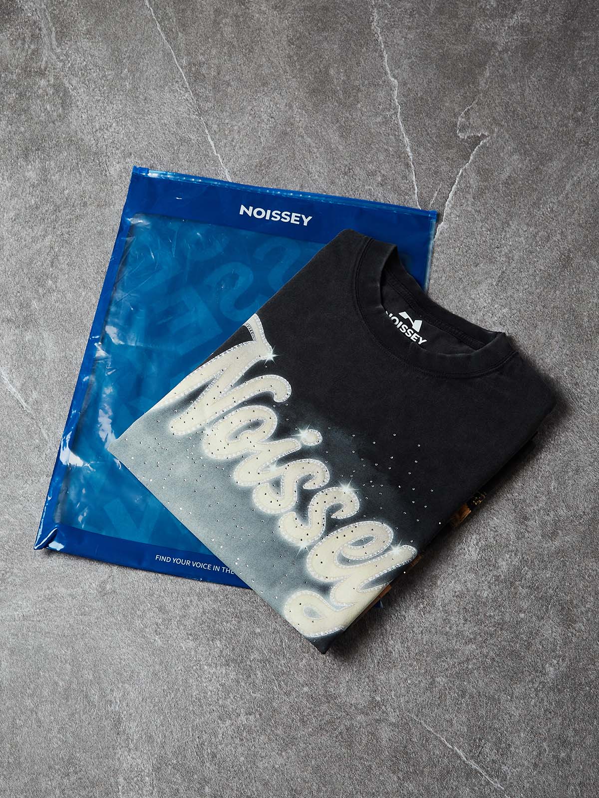NOISSEY "City Lights" Boxy Vintage Wash Rhinestone Logo Tee - Washed Black - Image 5
