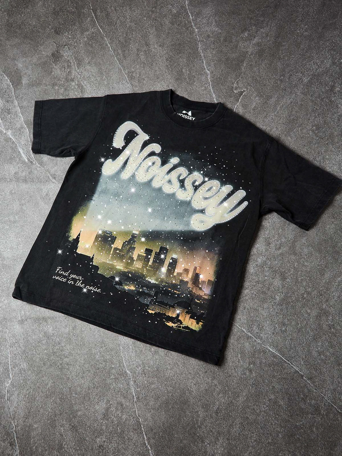 NOISSEY "City Lights" Boxy Vintage Wash Rhinestone Logo Tee - Washed Black - Image 7