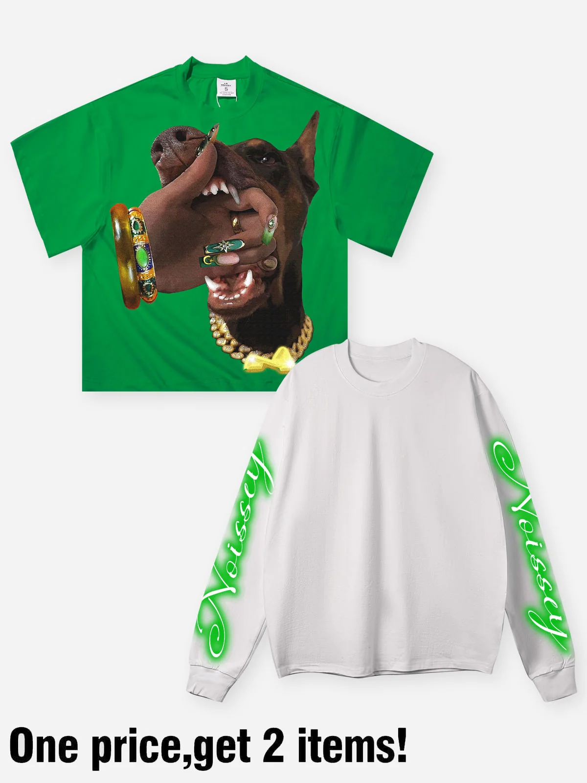 NOISSEY "Cyber Doberman" Double-Sleeve Graphic Sweatshirt - Vibrant Green - Image 4