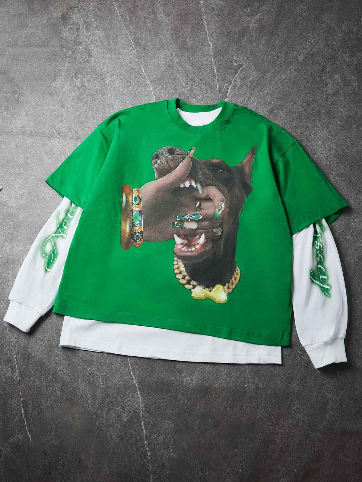 NOISSEY "Cyber Doberman" Double-Sleeve Graphic Sweatshirt - Vibrant Green - Image 6