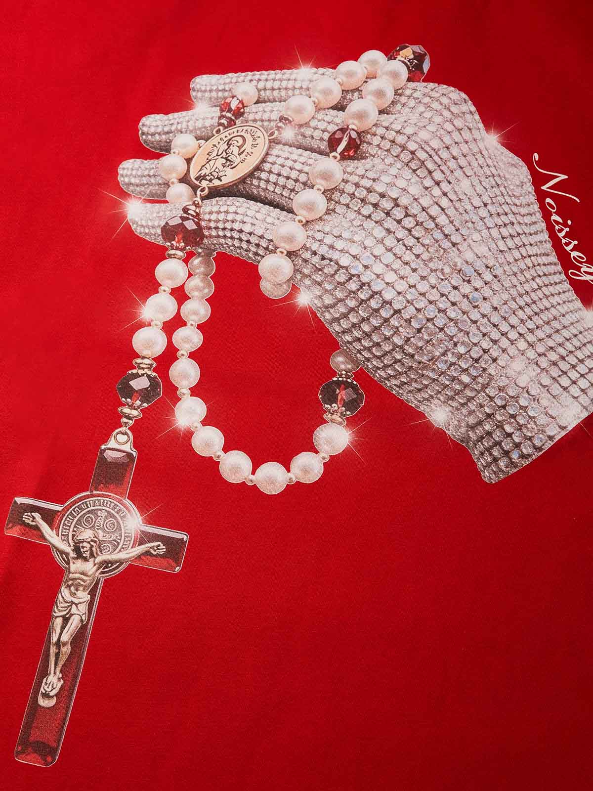 NOISSEY "Devotion Globe" Iced-Out Rhinestone Glove Sacred Pearl Rosary Heavyweight Boxy Tee - Image 5