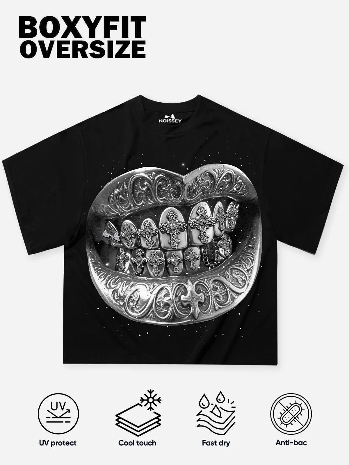 NOISSEY "Diamond Cross Grillz" Silver Cross Graphic Art Heavyweight T-Shirt - Image 3