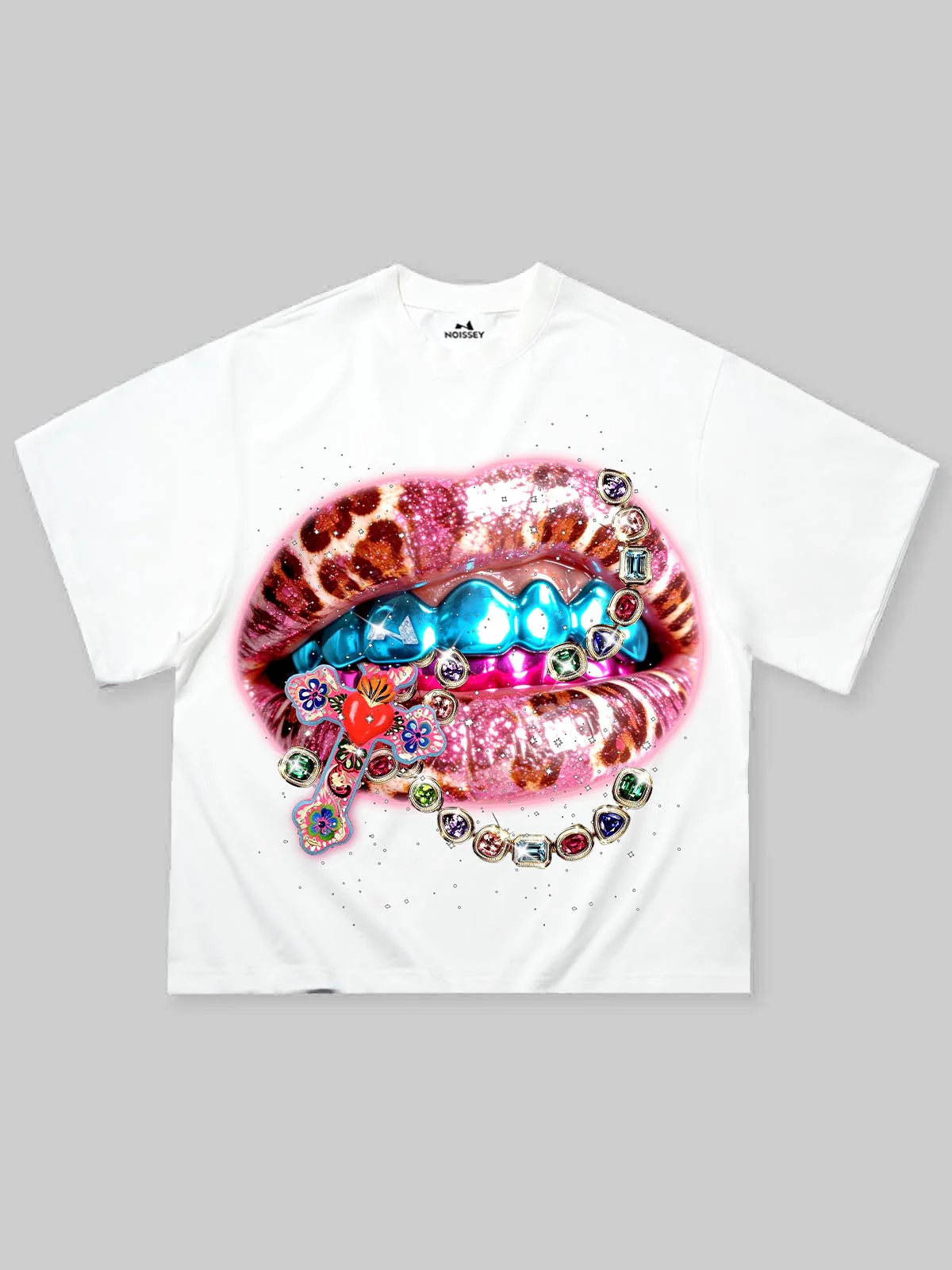 NOISSEY "DIAMOND GRILLZ" LEOPARD RHINESTONE ART TEE