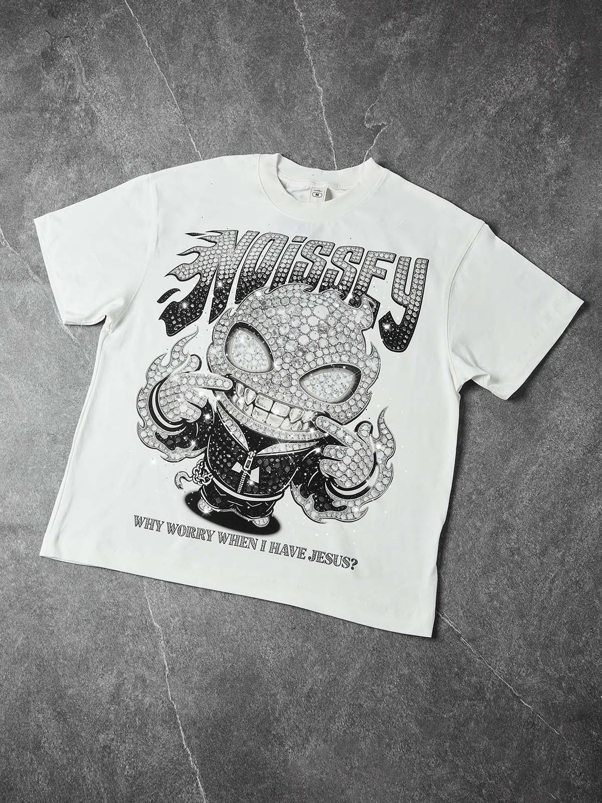 NOISSEY "DIAMOND SOUL" Full-Rhinestone Character Oversized Tee - Arctic White - Image 5