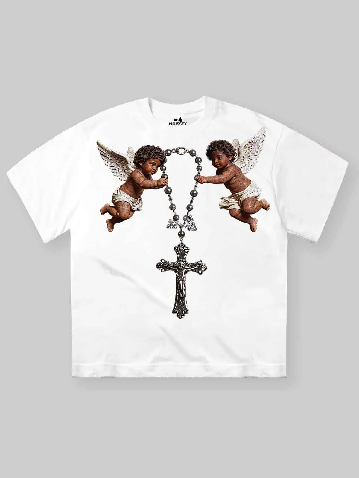 NOISSEY "Cherub Divine Faith" Vintage Angel Art Print Heavyweight T-Shirt - Pure White