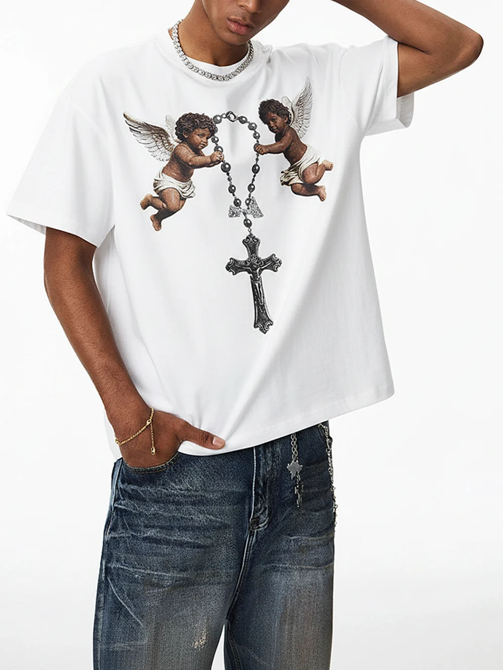 NOISSEY "Cherub Divine Faith" Vintage Angel Art Print Heavyweight T-Shirt - Pure White - Image 4