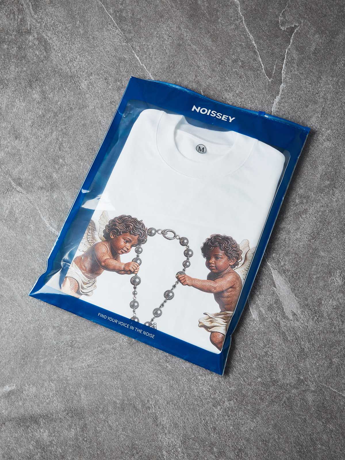 NOISSEY "Cherub Divine Faith" Vintage Angel Art Print Heavyweight T-Shirt - Pure White - Image 7