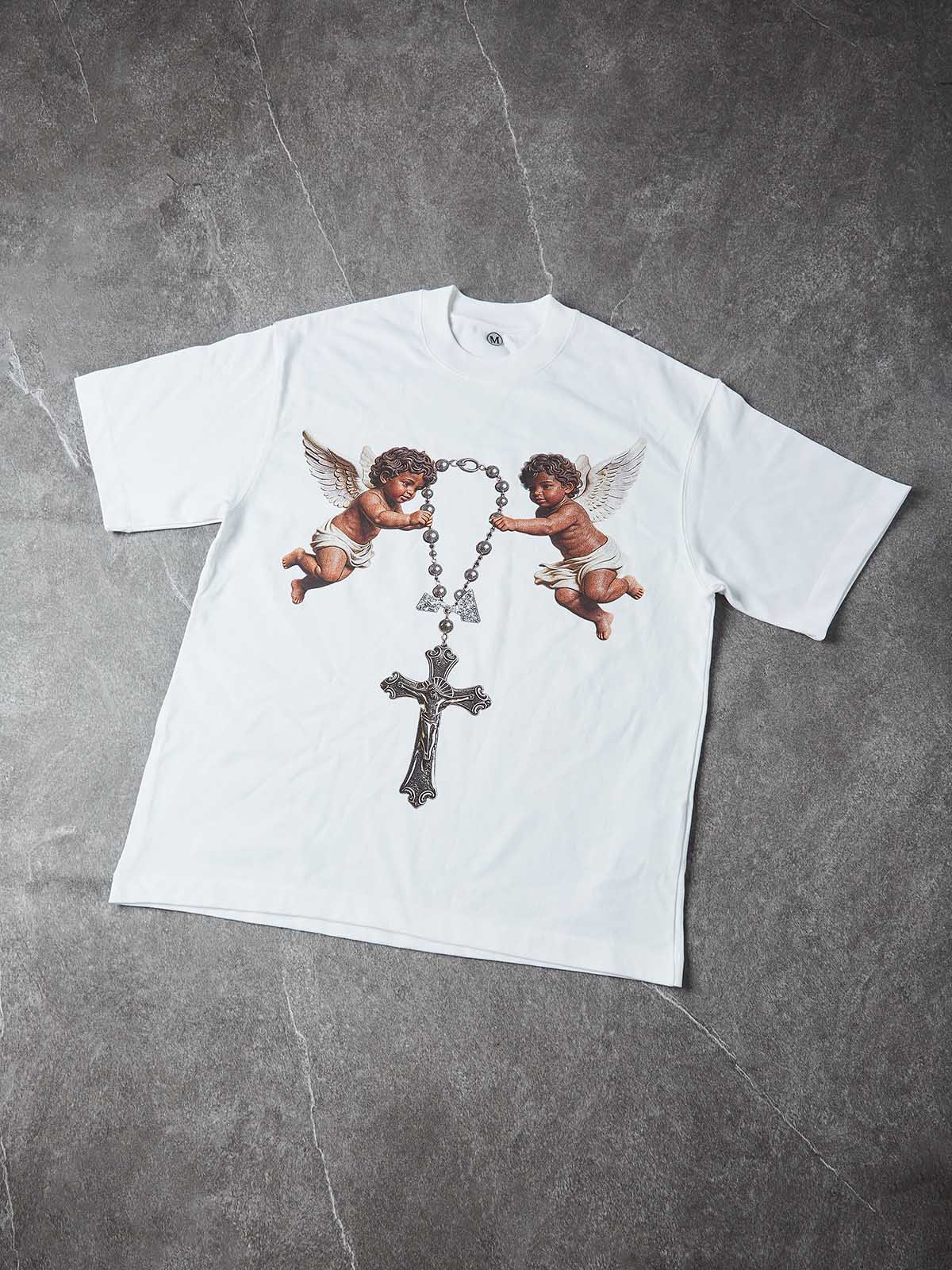 NOISSEY "Cherub Divine Faith" Vintage Angel Art Print Heavyweight T-Shirt - Pure White - Image 8