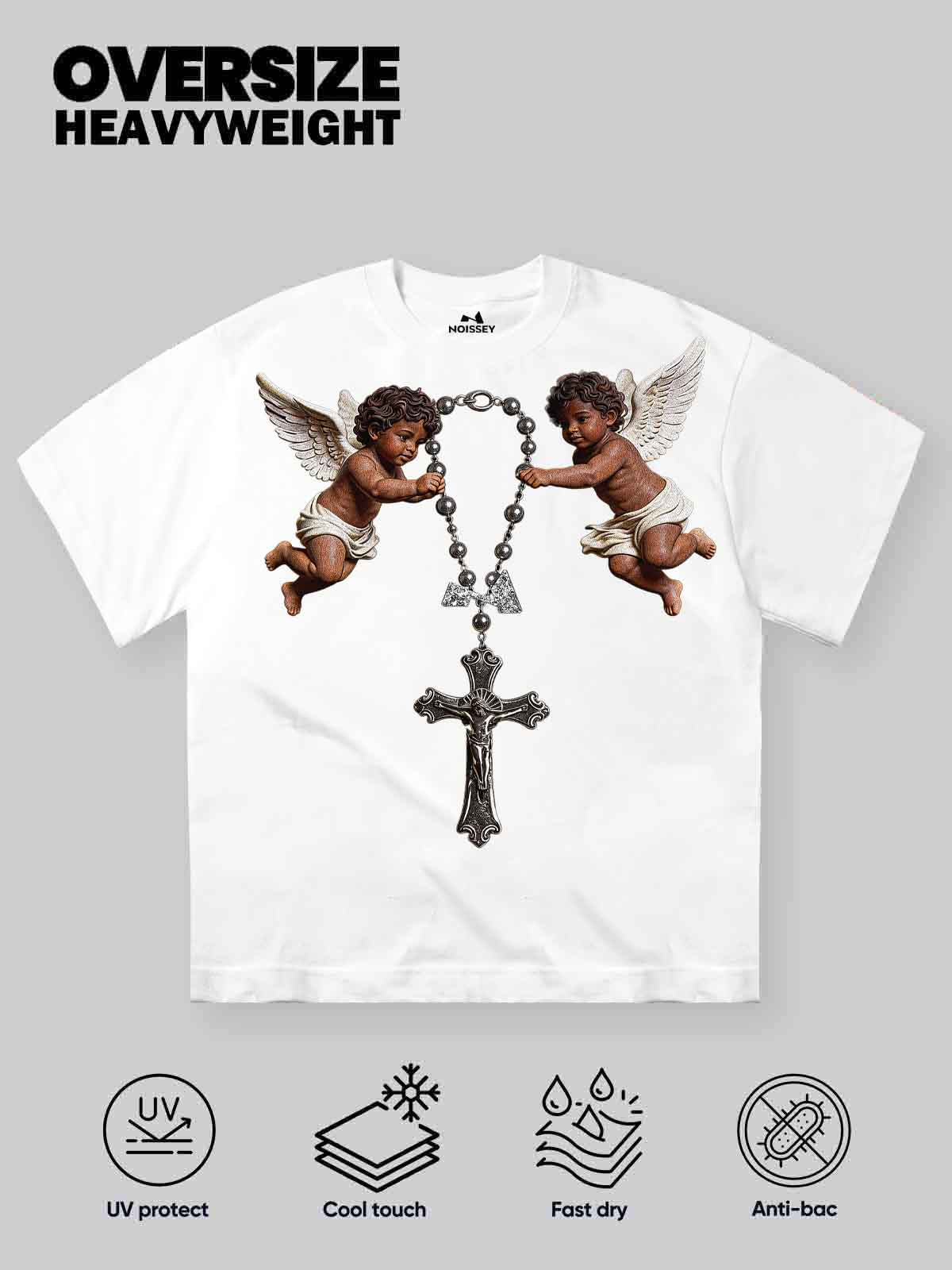 NOISSEY "Cherub Divine Faith" Vintage Angel Art Print Heavyweight T-Shirt - Pure White - Image 9