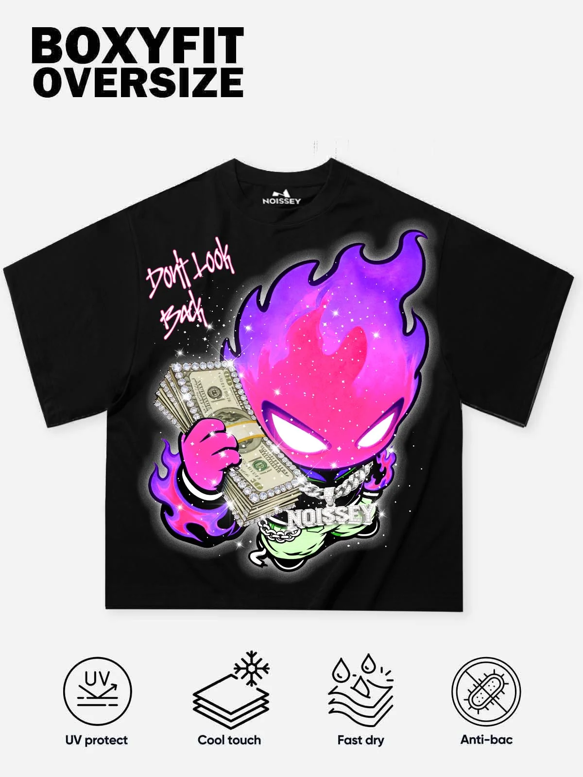 NOISSEY "Don't Look Back" Purple Fire Money Spirit Luxury Iced-Out T-Shirt - Onyx Black - Image 2