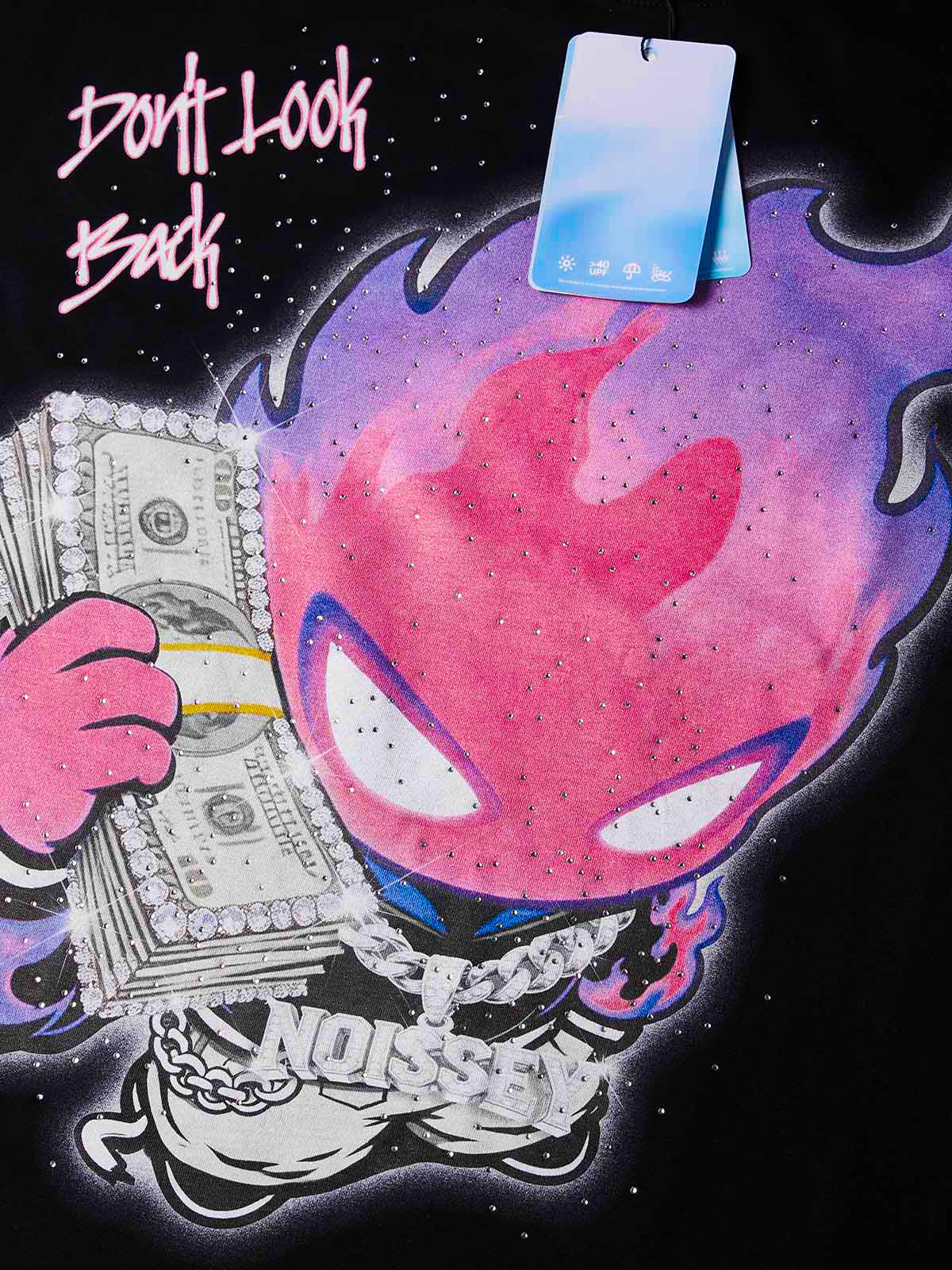 NOISSEY "Don't Look Back" Purple Fire Money Spirit Luxury Iced-Out T-Shirt - Onyx Black - Image 4