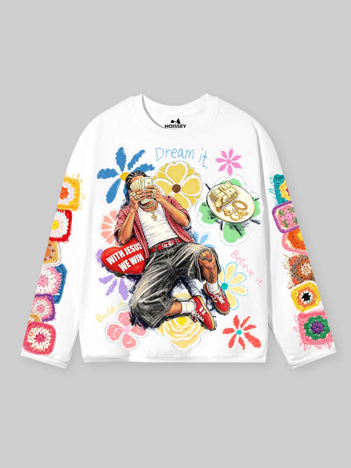 NOISSEY "Dream & Win" Fake Crochet Patchwork Floral & Cash Portrait Graphic Long Sleeve Tee Two Colors - Image 2