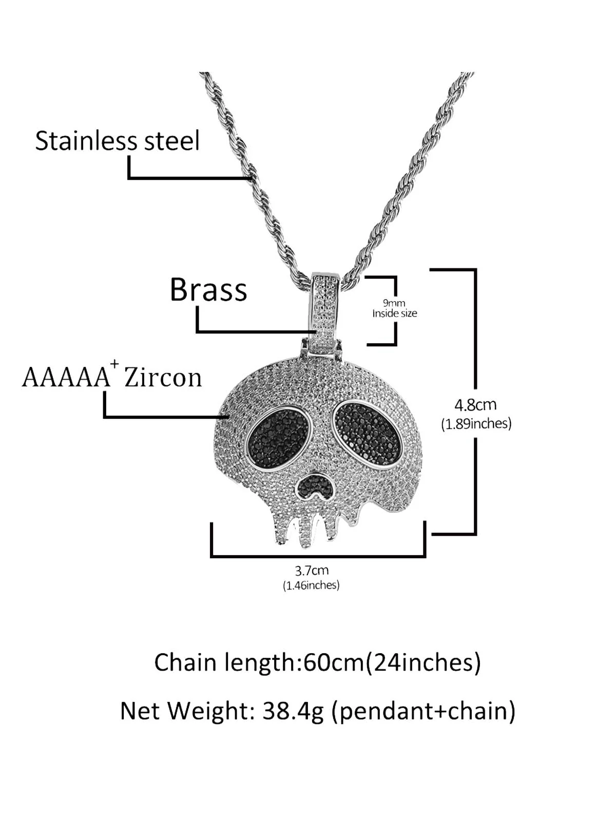 NOISSEY "Dripping Skull" Fully Iced-Out Black Zircon Pendant & Tennis Chain Necklace - Image 4