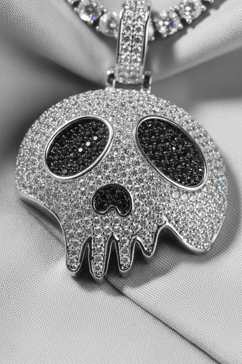 NOISSEY "Dripping Skull" Fully Iced-Out Black Zircon Pendant & Tennis Chain Necklace - Image 6