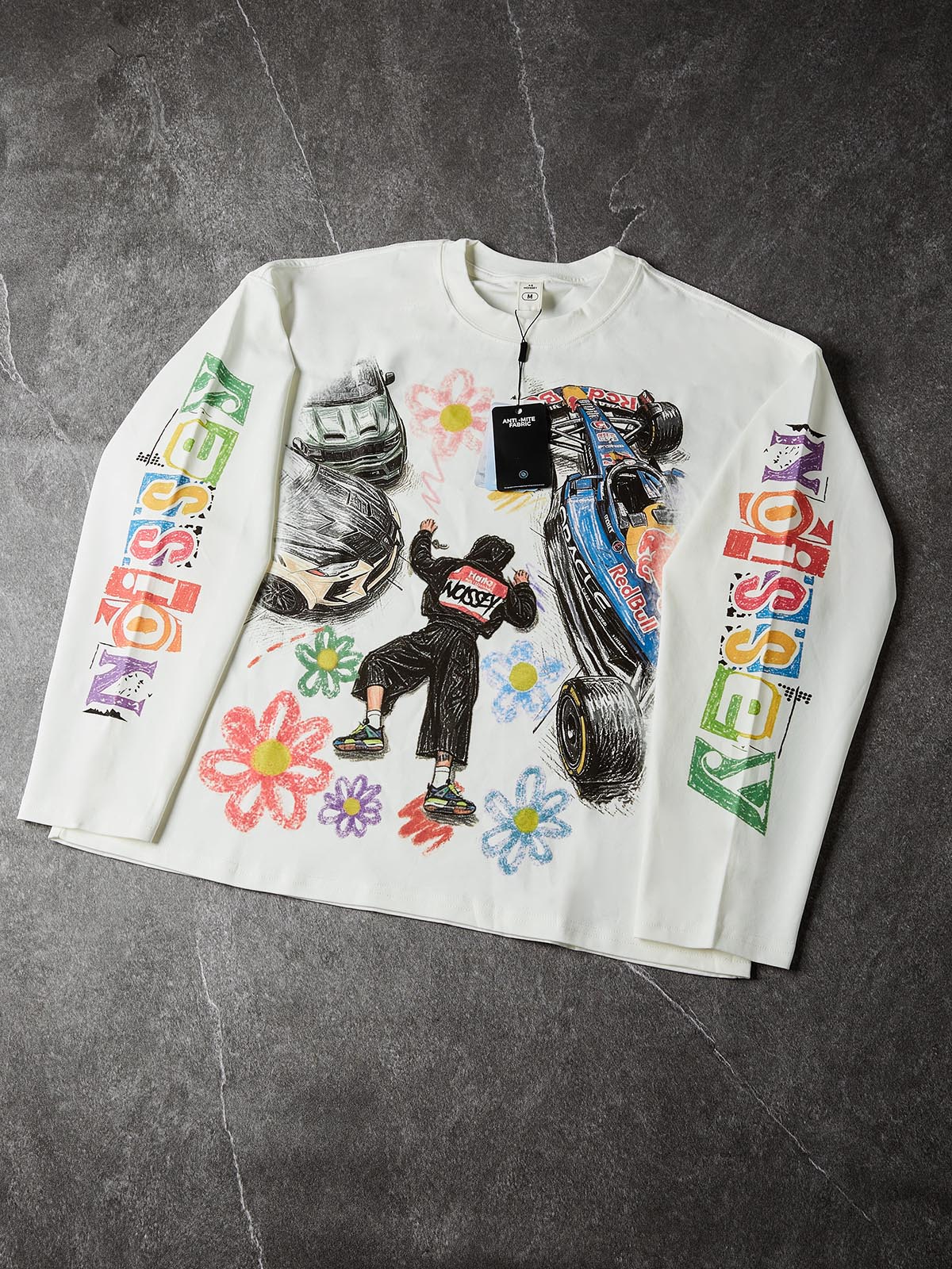 NOISSEY Falling Stars Motorsport Graffiti Art Long Sleeve Tee - White - Image 8