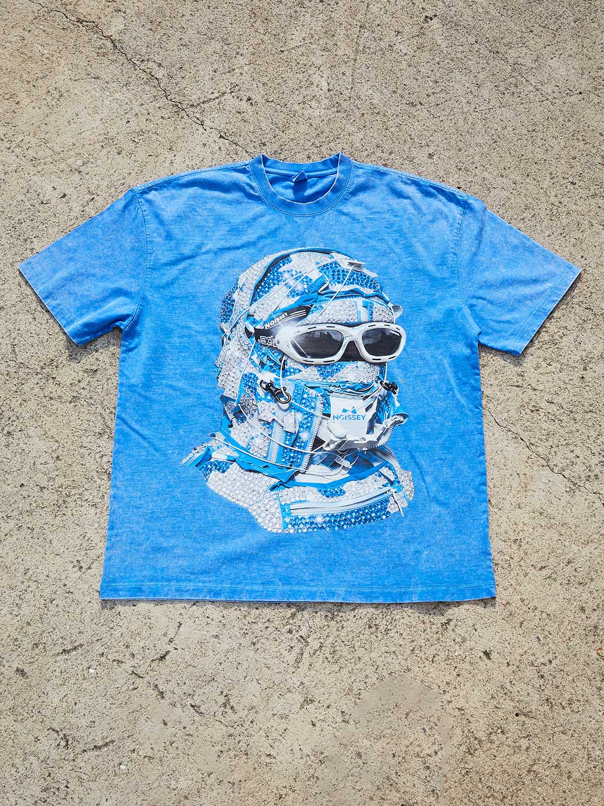 NOISSEY "Iced Out" Effect Balaclava Graphic Tee - Blue Wash - Image 4