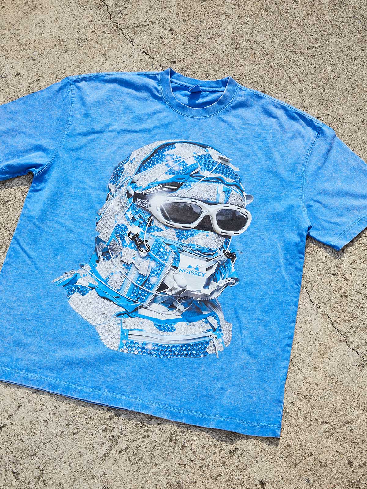 NOISSEY "Iced Out" Effect Balaclava Graphic Tee - Blue Wash - Image 5