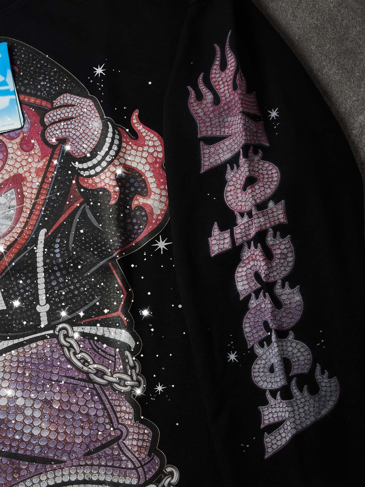 NOISSEY "Flame Kid" Pink-Purple Full-Rhinestone Long Sleeve - Heavyweight Black - Image 3