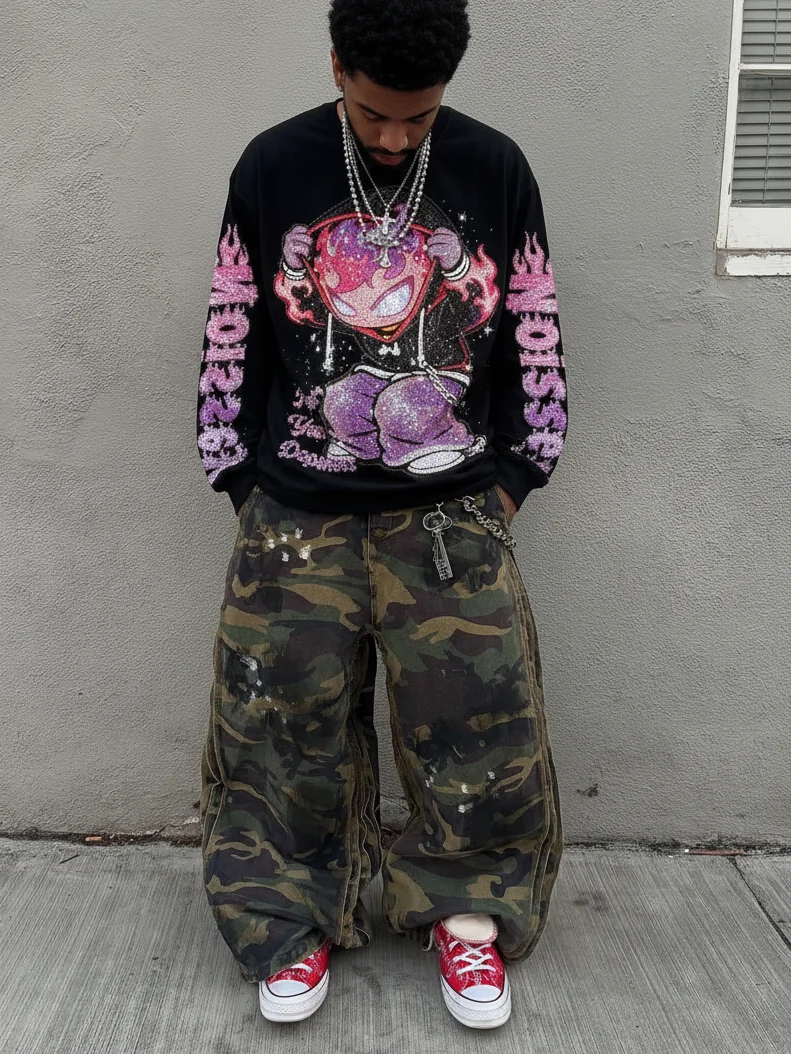 NOISSEY "Flame Kid" Pink-Purple Full-Rhinestone Long Sleeve - Heavyweight Black - Image 5