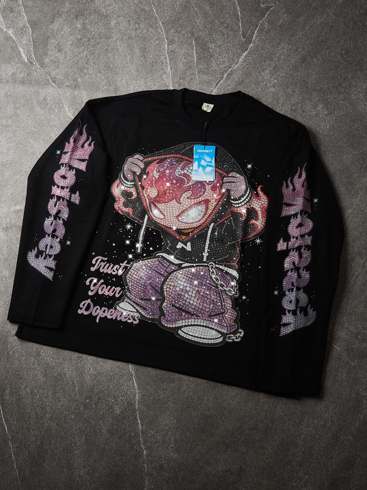 NOISSEY "Flame Kid" Pink-Purple Full-Rhinestone Long Sleeve - Heavyweight Black - Image 7