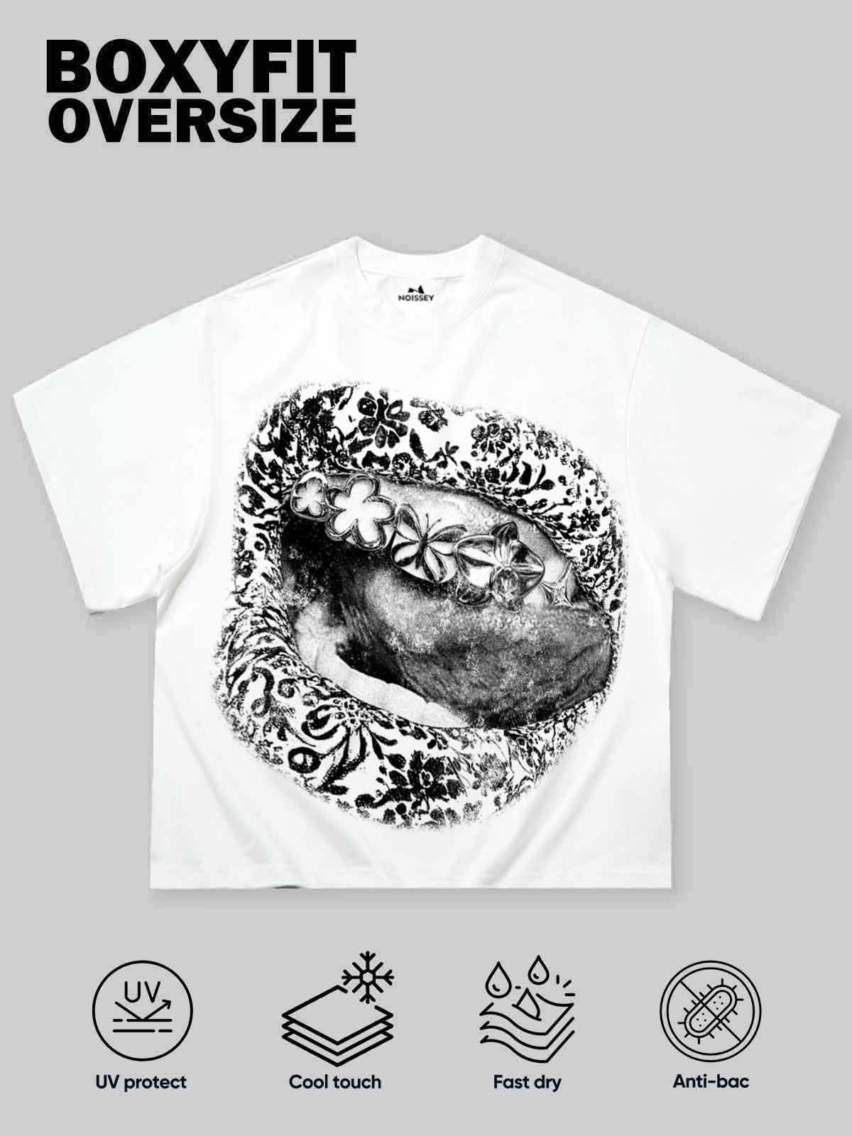NOISSEY Floral Sketch Lips Metallic Grillz Short Sleeve T-Shirt - White - Image 4