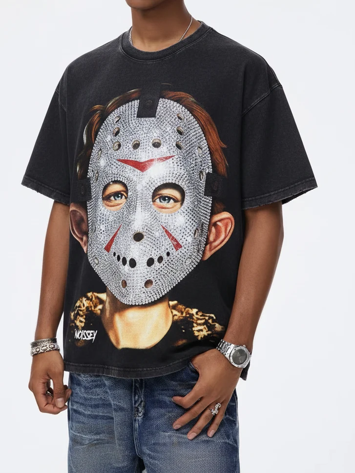 NOISSEY "Friday the 13th" Iced-Out Jason Graphic T-Shirt - Vintage Black - Image 3